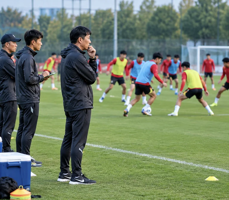 U23国足教练组在场边观察球员训练状态