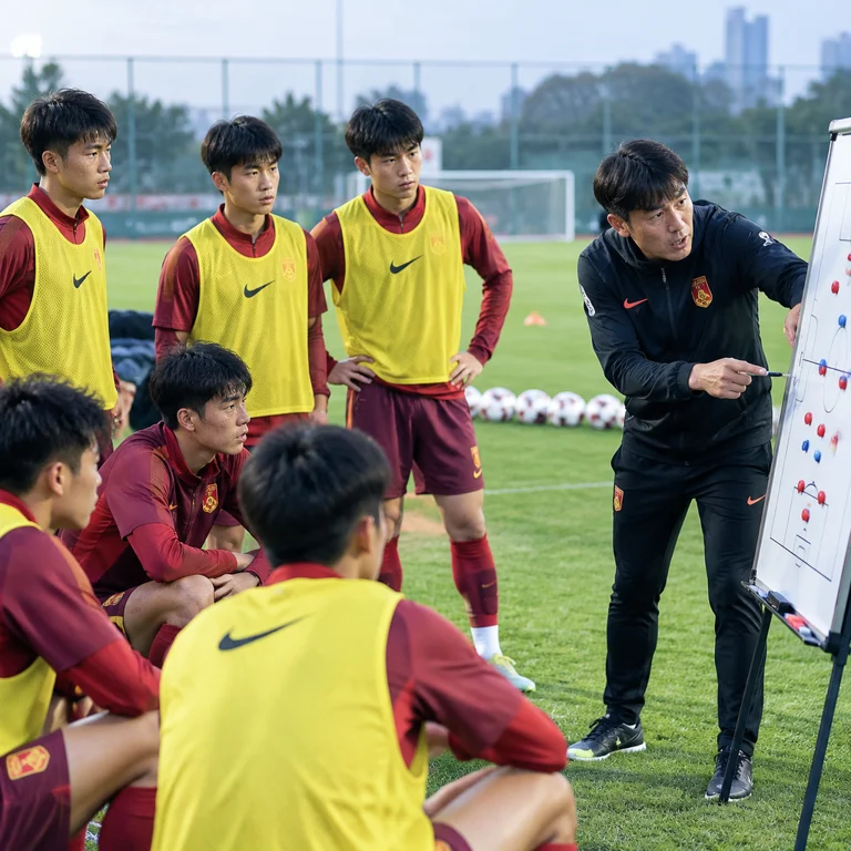足球场边教练观察国奥球员表现