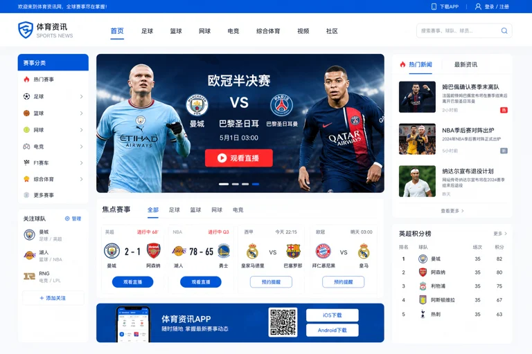 体育新闻编辑页面与赛事直播入口示意，突出清晰导航与赛事分类